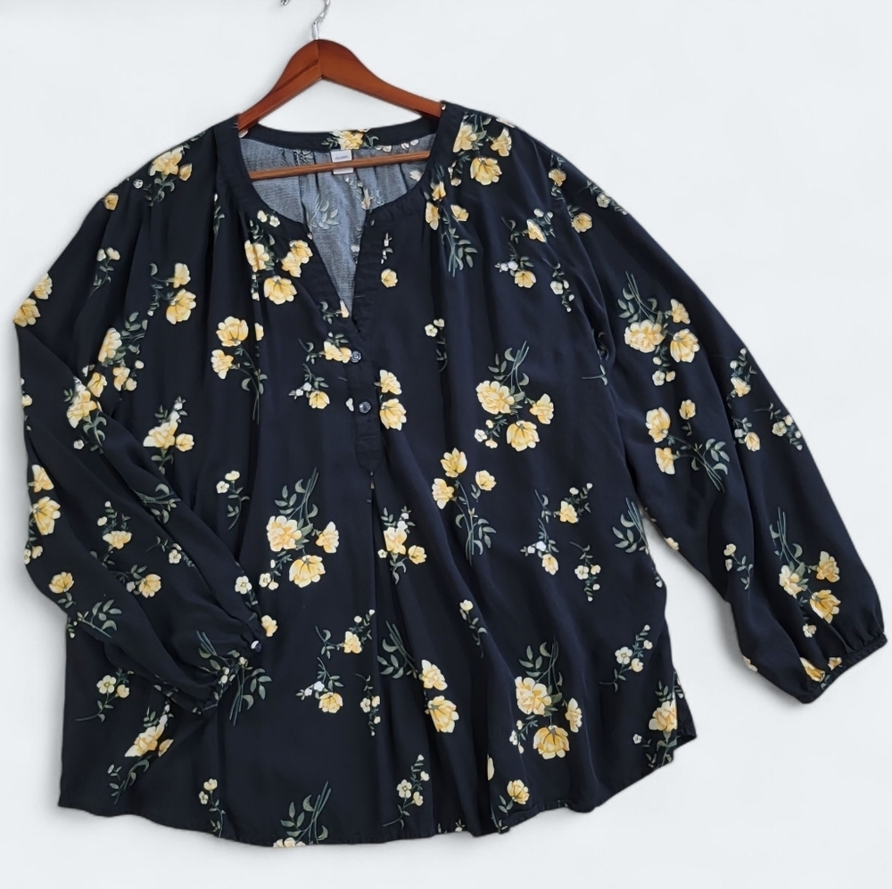 Old Navy Floral Black and Yellow Blouse Size XXL Tunic Top